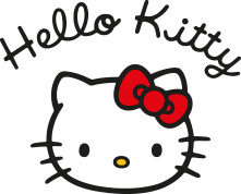 Logo Hello Kitty avec Hello Kitty écrit au-dessus, sur fond rose