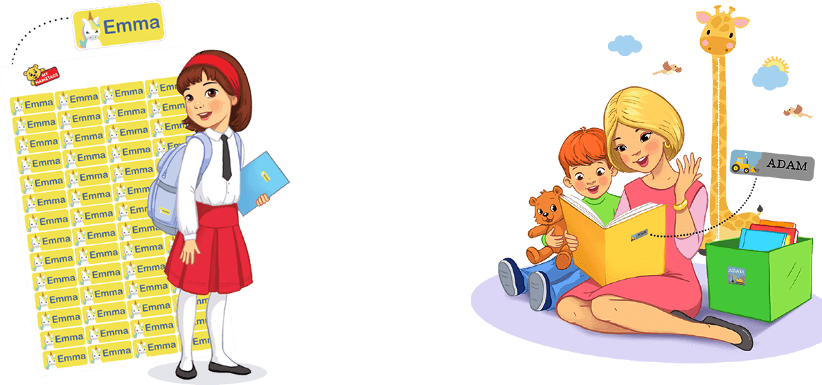 une petite fille à côté d'une feuille d'étiquettes My Nametags portant un uniforme scolaire avec un sac à dos et un livre avec des étiquettes My Nametags dessus et un enfant, un ours, une girafe et une femme tenant un livre avec une étiquette My Nametags attachée, sur un fond jaune