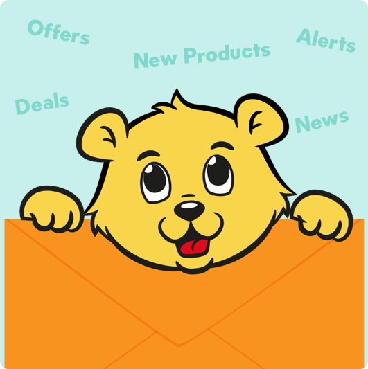My Nametags ours portent une lettre avec des offres, des offres, de nouveaux produits, des alertes et des nouvelles écrites ci-dessus, sur fond vert
