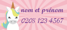 Étiquette My Nametags avec licorne, nom complet et numéro de téléphone, sur fond rose