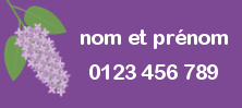 Étiquette My Nametags avec lilas, nom complet et numéro de téléphone, sur fond violet